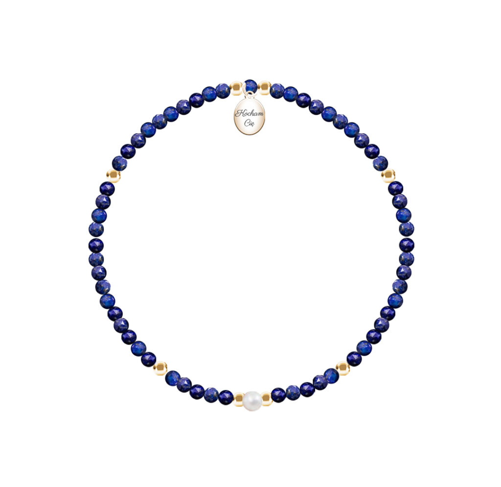 Bransoletka SYMBOLIQA - lapis lazuli z symbolicznymi perłami lub kamieniami i dedykacją na medalionie